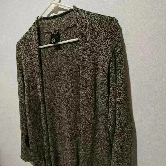 Eileen Fisher Long Cardigan Sweater Small Wool Linen Gray Black Cozy Chic - Picture 3 of 9
